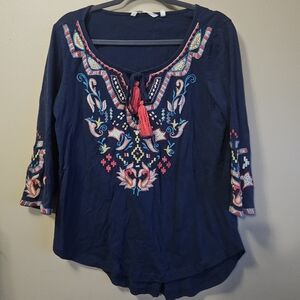 Soft Sorroundings Women's Size M Embroided Cotton Top Dark Blue